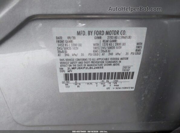 2LMPJ8KP2LBL24655 2020 LINCOLN NAUTILUS Серебряный Вид подкапотного пространства