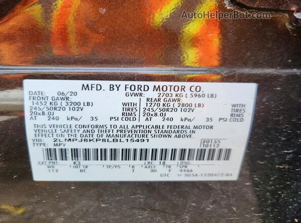 2LMPJ8KP8LBL15491 2020 LINCOLN NAUTILUS Brown VIN կոդի պիտակի տեսք