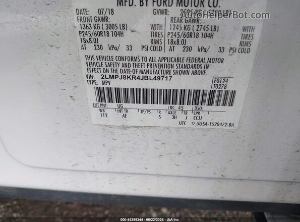 2LMPJ8KR4JBL49717 2018 LINCOLN MKX White ძრავის განყოფილების ხედი
