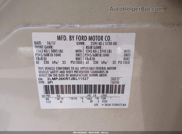 2LMPJ8KR7JBL11527 2018 LINCOLN MKX Champagne Շարժիչի բաժամունքի տեսք