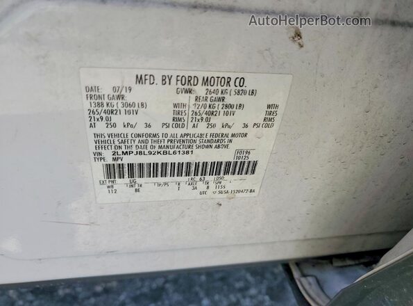 2LMPJ8L92KBL61381 2019 LINCOLN NAUTILUS White Շարժիչի բաժամունքի տեսք