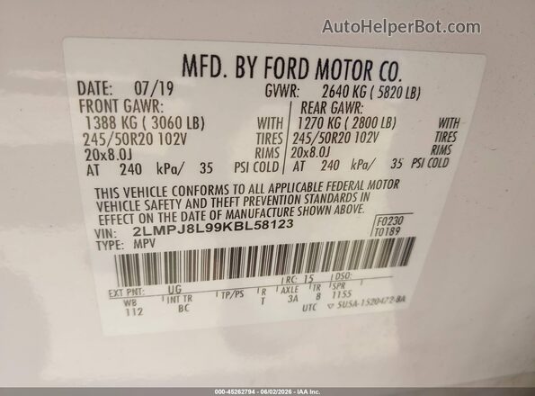 2LMPJ8L99KBL58123 2019 LINCOLN NAUTILUS White Շարժիչի բաժամունքի տեսք