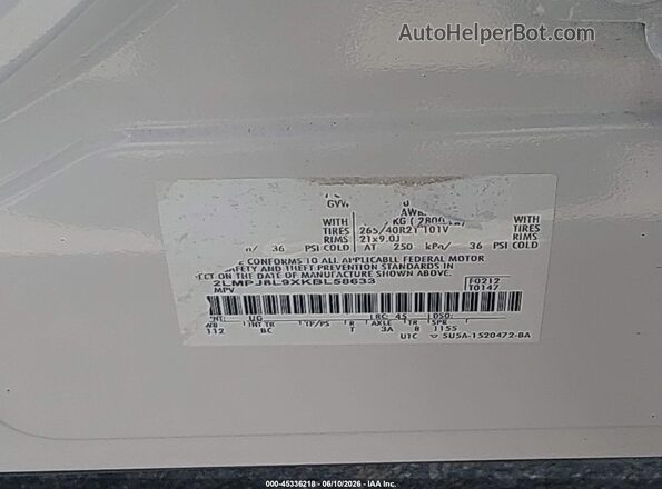 2LMPJ8L9XKBL58633 2019 LINCOLN NAUTILUS White Vista del compartimento del motor
