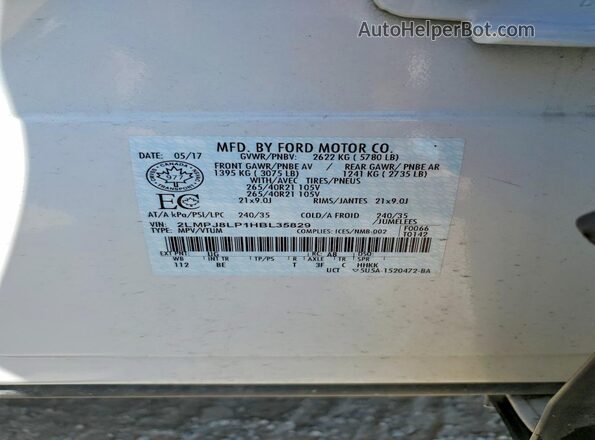 2LMPJ8LP1HBL35829 2017 LINCOLN MKX White VIN sticker view