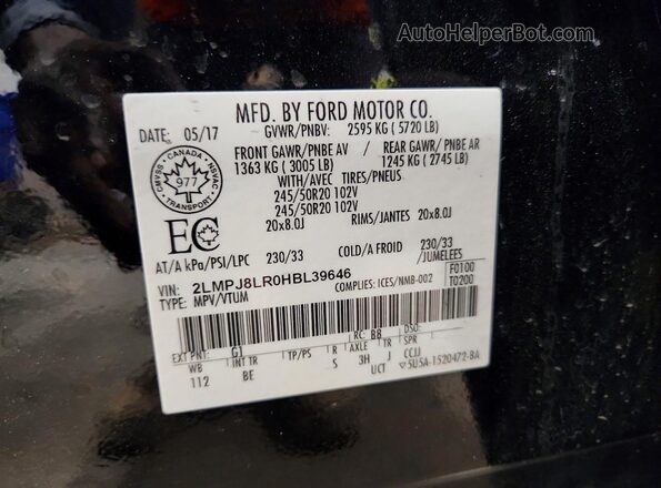 2LMPJ8LR0HBL39646 2017 LINCOLN MKX Black VIN կոդի պիտակի տեսք