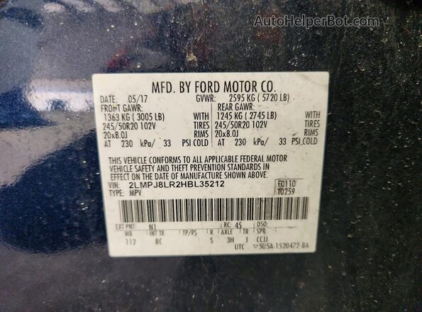 2LMPJ8LR2HBL35212 2017 LINCOLN MKX Blue Vista de la etiqueta del VIN