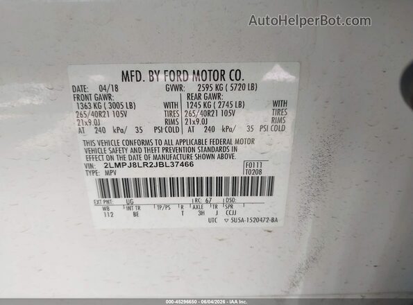 2LMPJ8LR2JBL37466 2018 LINCOLN MKX White Շարժիչի բաժամունքի տեսք