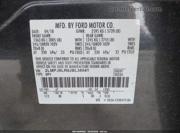2LMPJ8LR8JBL38041 2018 LINCOLN MKX Gray Вид підкапотного простору