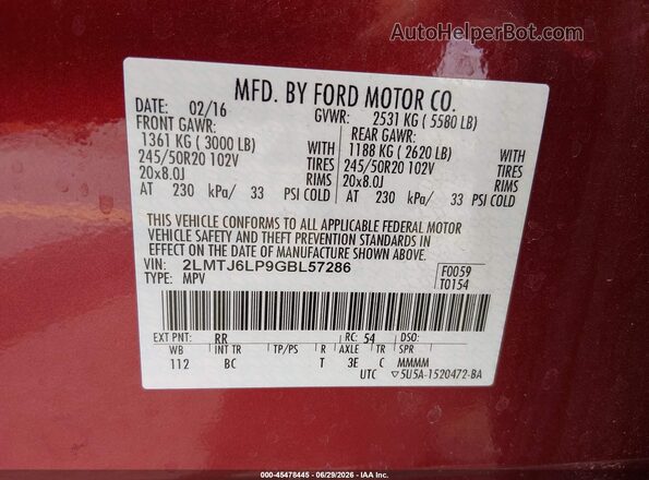 2LMTJ6LP9GBL57286 2016 LINCOLN MKX Red Vista del compartimento del motor