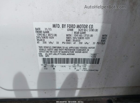 2LMTJ8LP7GBL45598 2016 LINCOLN MKX White ძრავის განყოფილების ხედი