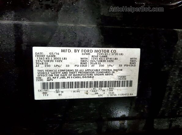 2LMTJ8LR1GBL56582 2016 LINCOLN MKX Black Vista de la etiqueta del VIN