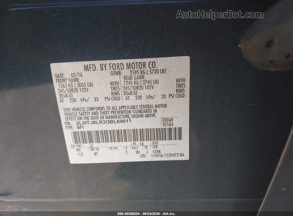 2LMTJ8LR3GBL69611 2016 LINCOLN MKX Синий Вид подкапотного пространства