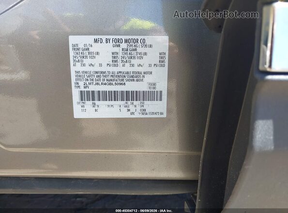 2LMTJ8LR4GBL50968 2016 LINCOLN MKX Gray Vista del compartimento del motor