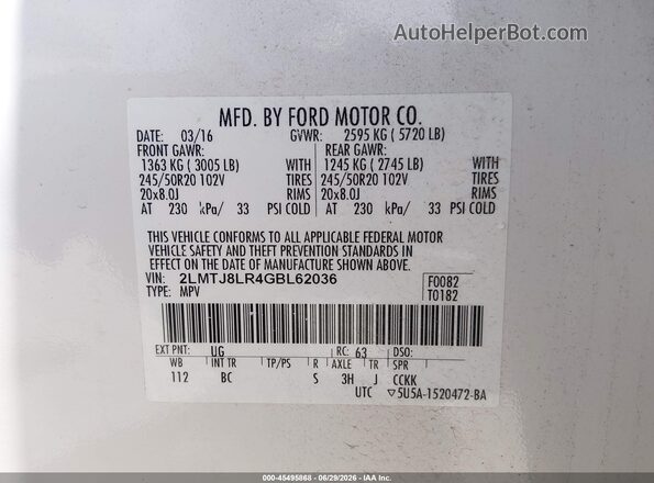 2LMTJ8LR4GBL62036 2016 LINCOLN MKX White Engine compartment view