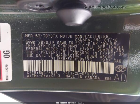 2T1BPRHE0GC598423 2016 TOYOTA COROLLA Green ძრავის განყოფილების ხედი