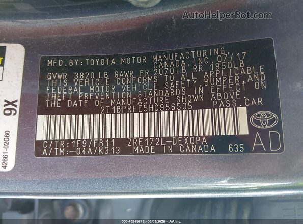 2T1BPRHE5HC956505 2017 TOYOTA COROLLA Gray Vista del compartimento del motor