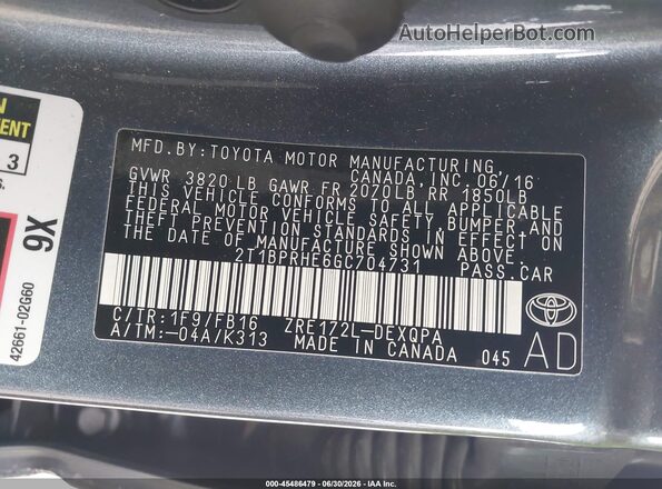 2T1BPRHE6GC704731 2016 TOYOTA COROLLA Серый Вид подкапотного пространства