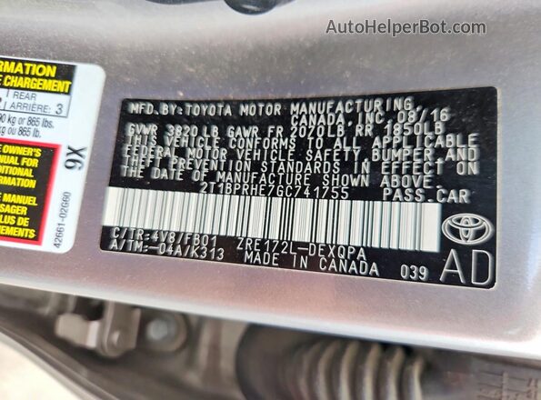 2T1BPRHE7GC741755 2016 TOYOTA COROLLA Gray Widok naklejki z numerem VIN