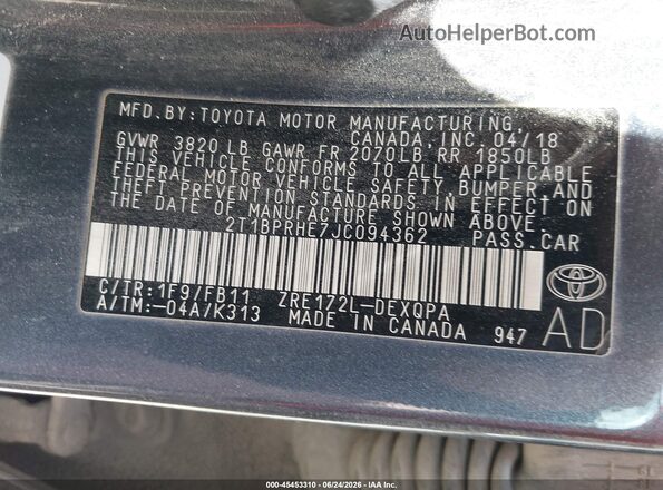 2T1BPRHE7JC094362 2018 TOYOTA COROLLA Blue Widok komory silnika