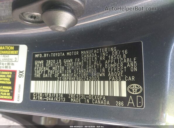 2T1BPRHE9GC742003 2016 TOYOTA COROLLA Blue Vista del compartimento del motor