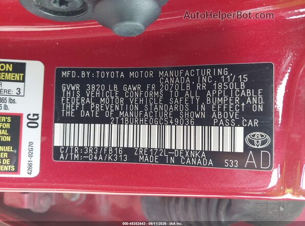 2T1BURHE0GC549036 2016 TOYOTA COROLLA Red ძრავის განყოფილების ხედი