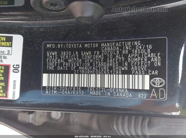 2T1BURHE0GC651288 2016 TOYOTA COROLLA Черный 