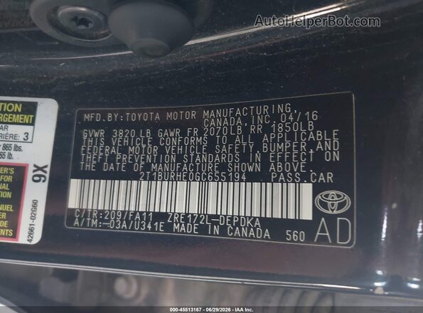 2T1BURHE0GC655194 2016 TOYOTA COROLLA Black ძრავის განყოფილების ხედი