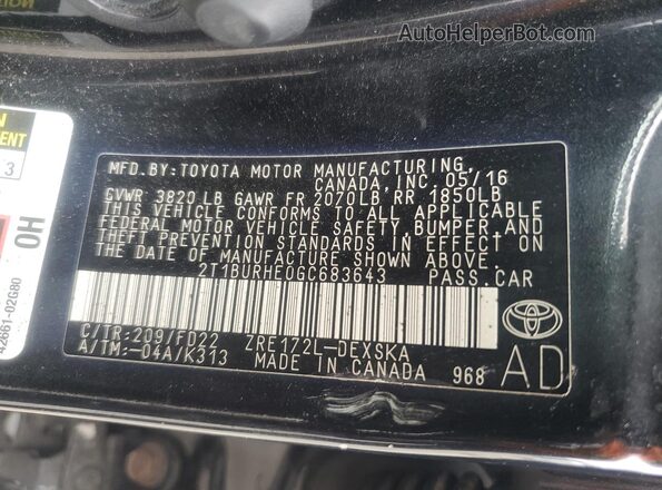 2T1BURHE0GC683643 2016 TOYOTA COROLLA Black Widok komory silnika