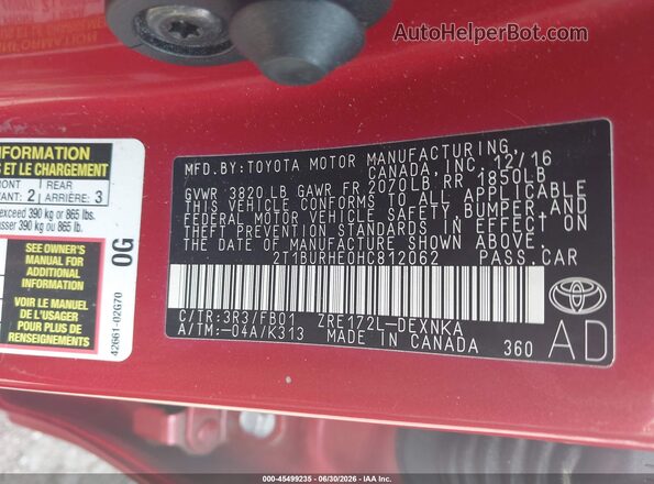 2T1BURHE0HC812062 2017 TOYOTA COROLLA Red Widok komory silnika