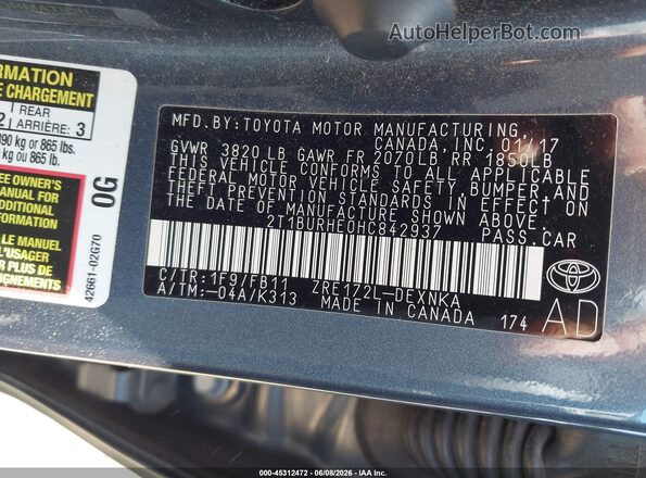 2T1BURHE0HC842937 2017 TOYOTA COROLLA Gray 