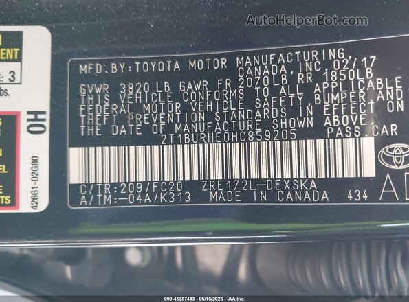 2T1BURHE0HC859205 2017 TOYOTA COROLLA Black Շարժիչի բաժամունքի տեսք