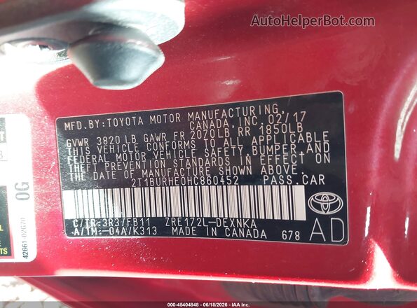 2T1BURHE0HC860452 2017 TOYOTA COROLLA Red Engine compartment view