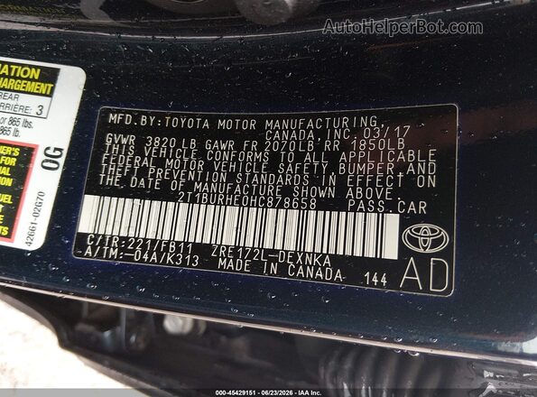2T1BURHE0HC878658 2017 TOYOTA COROLLA Dark Blue Вид підкапотного простору