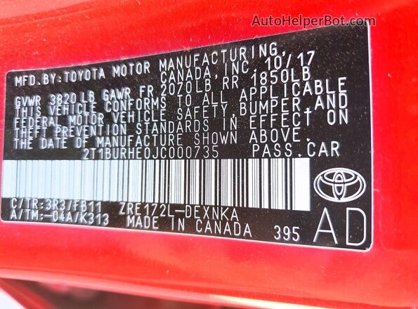 2T1BURHE0JC000735 2018 TOYOTA COROLLA Red 