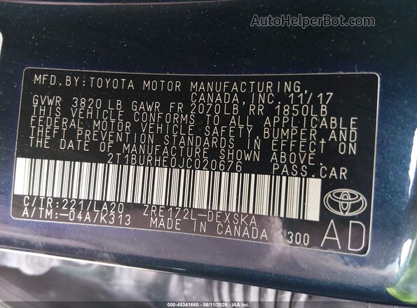 2T1BURHE0JC020676 2018 TOYOTA COROLLA Blue 