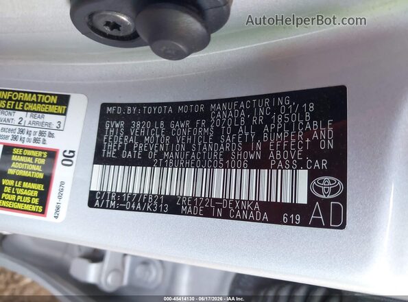 2T1BURHE0JC051006 2018 TOYOTA COROLLA Silver Widok komory silnika