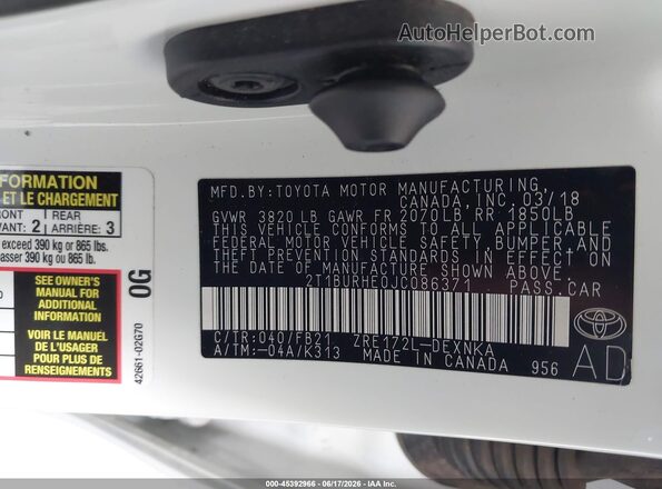 2T1BURHE0JC086371 2018 TOYOTA COROLLA White ძრავის განყოფილების ხედი