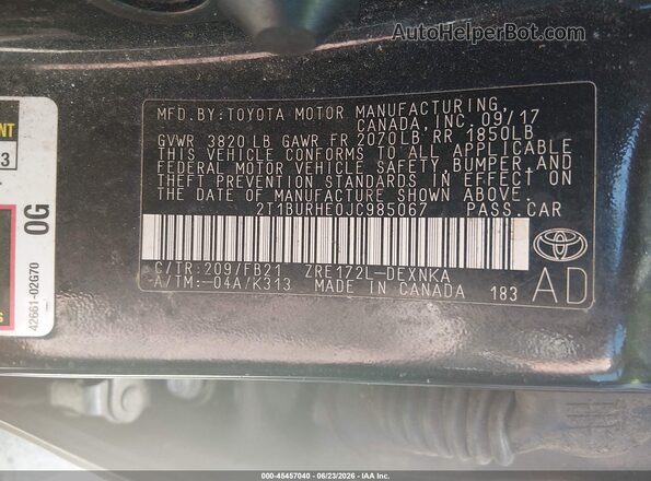2T1BURHE0JC985067 2018 TOYOTA COROLLA Black Вид підкапотного простору