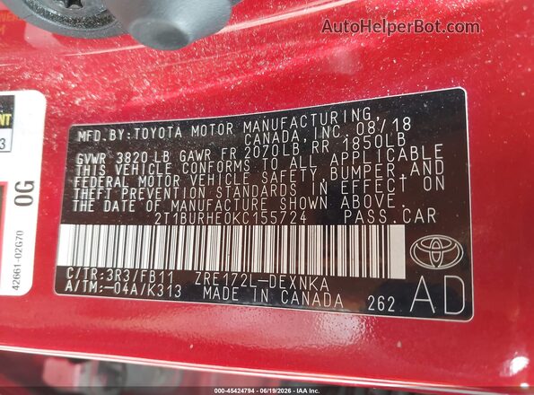 2T1BURHE0KC155724 2019 TOYOTA COROLLA Red ძრავის განყოფილების ხედი