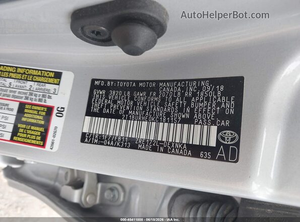 2T1BURHE0KC181157 2019 TOYOTA COROLLA Silver ძრავის განყოფილების ხედი