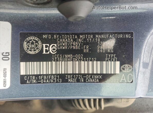 2T1BURHE0KC211712 2019 TOYOTA COROLLA Charcoal Vista de la etiqueta del VIN
