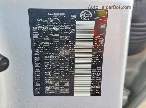 2T1BURHE1GC490675 2016 TOYOTA COROLLA Silver 