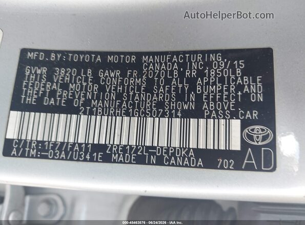 2T1BURHE1GC507314 2016 TOYOTA COROLLA Silver Widok komory silnika