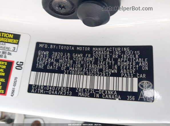 2T1BURHE1GC523917 2016 TOYOTA COROLLA White ძრავის განყოფილების ხედი