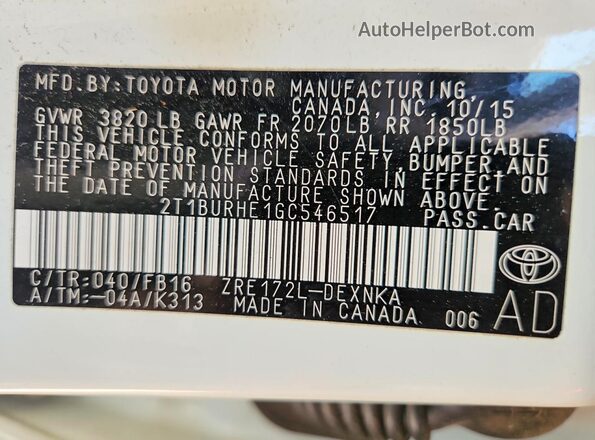 2T1BURHE1GC546517 2016 TOYOTA COROLLA White 