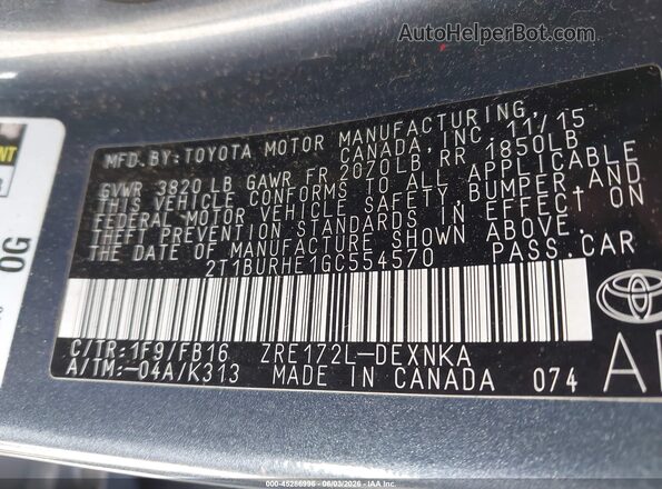 2T1BURHE1GC554570 2016 TOYOTA COROLLA Серый 