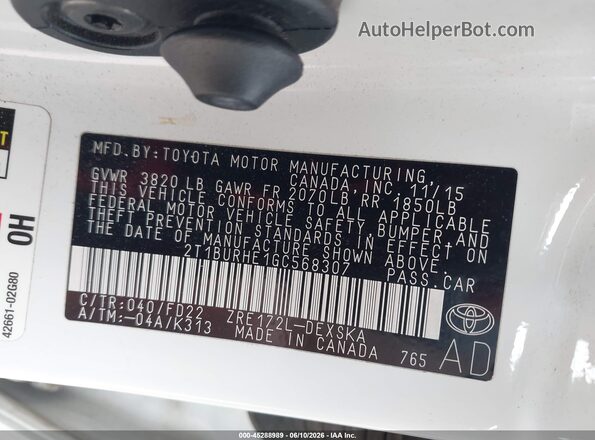 2T1BURHE1GC568307 2016 TOYOTA COROLLA White Engine compartment view