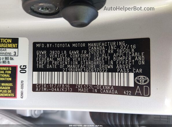 2T1BURHE1GC617022 2016 TOYOTA COROLLA Silver Вид підкапотного простору