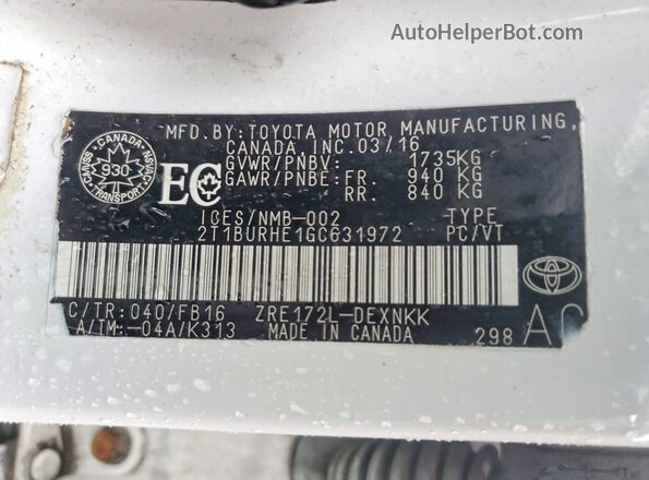 2T1BURHE1GC631972 2016 TOYOTA COROLLA White Вид наклейки з VIN-кодом