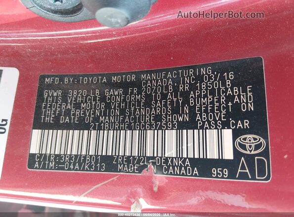 2T1BURHE1GC637593 2016 TOYOTA COROLLA Red Շարժիչի բաժամունքի տեսք